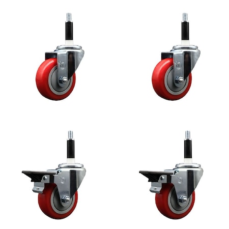 Service Caster 3.5'' Red Poly Wheel Swivel 7/8'' Expanding Stem Caster Set 2 Brakes, 4PK SCC-EX20S3514-PPUB-RED-2-PLB-2-78